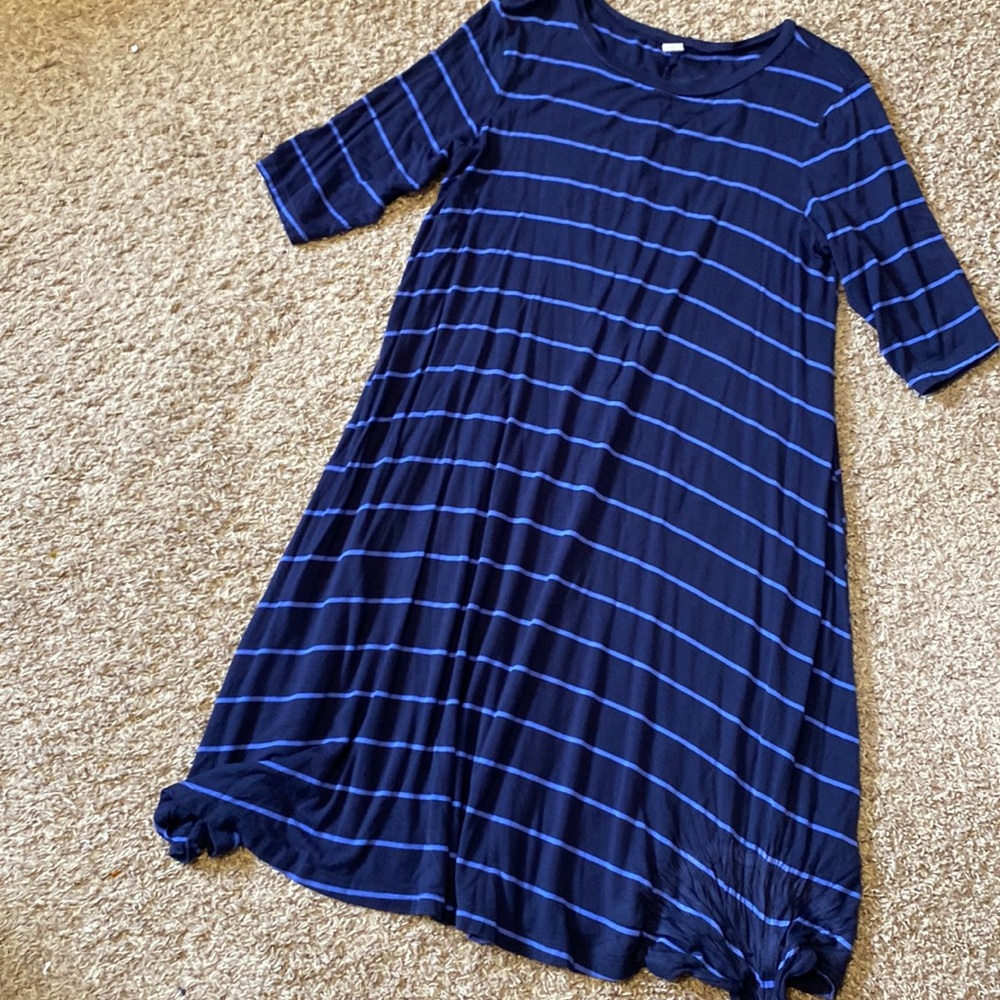 Navy, purple striped, 3/4 sleeve Tshirt trapeze dress